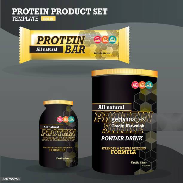set of protein supplements packaging designs - sports merchandise stock illustrations