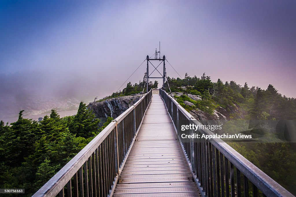 The Mile-High Swinging Bridge in fog, at Grandfather Mountain, N