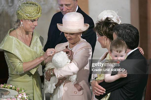 Leah Isadora, the fifth in the line to the Norwegian throne, and King Harald's and Queen Sonja's third grandchild, after her christening ceremony at...