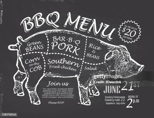 chalkboard style country pork bbq invitation design outline of cuts - roasted stock illustrations