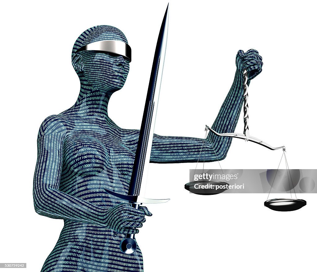 Legal computer judge concept, lady justice isolated on white