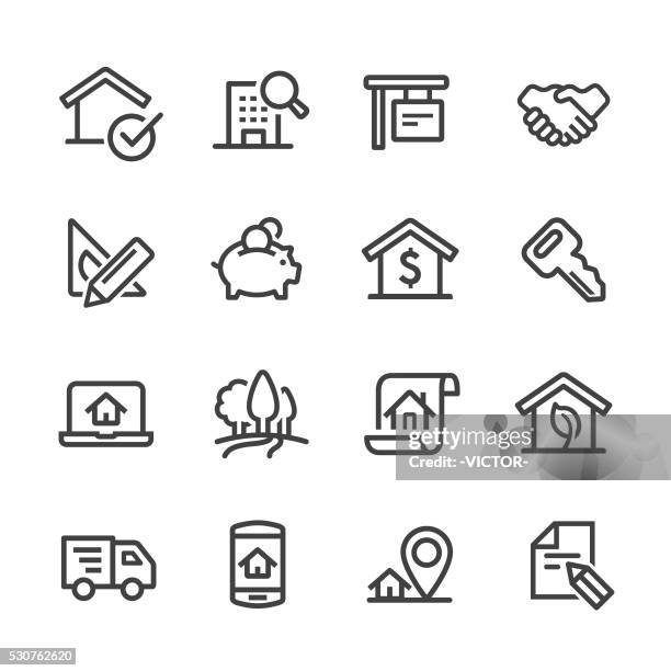 real estate icons set - line series - auction property stock illustrations