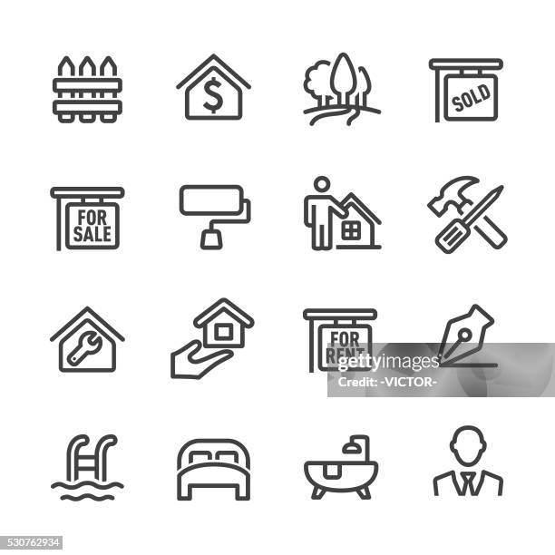 ilustraciones, imágenes clip art, dibujos animados e iconos de stock de conjunto de iconos de bienes raíces-line - propietario de vivienda para alquilar