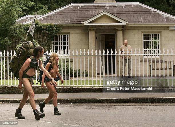 Naked ramblers Stephen Gough and Melanie Roberts walk in Cornwall en route to John O'Groats on June 16, 2005 at Penzance, England. Gough took the...