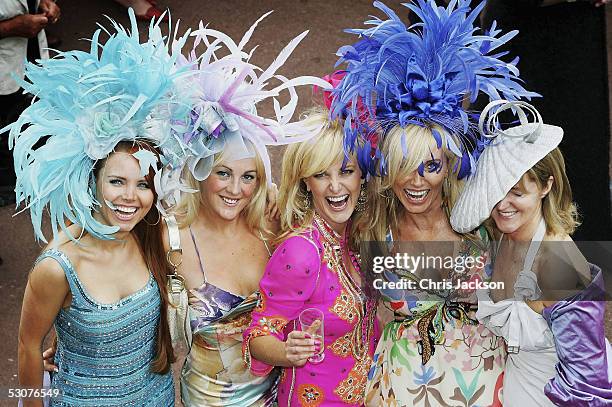 Racegoers wearing hats are seen on the third day of Royal Ascot 2005, Ladie's Day, at York Racecourse on June 16, 2005 in York, England. One of the...