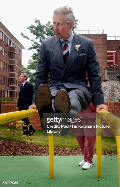 Prince Charles The Prince of Wales swings on parallel bars during a visit to Wigan House in Clapton.
