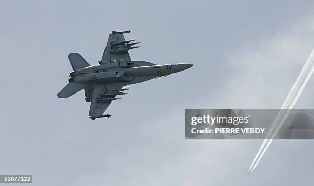 Boeing F/A-18E/F Super Hornet flies during its flying display 16 June 2005 at the 46th International Paris Air Show 16 June 2005. The show will be...