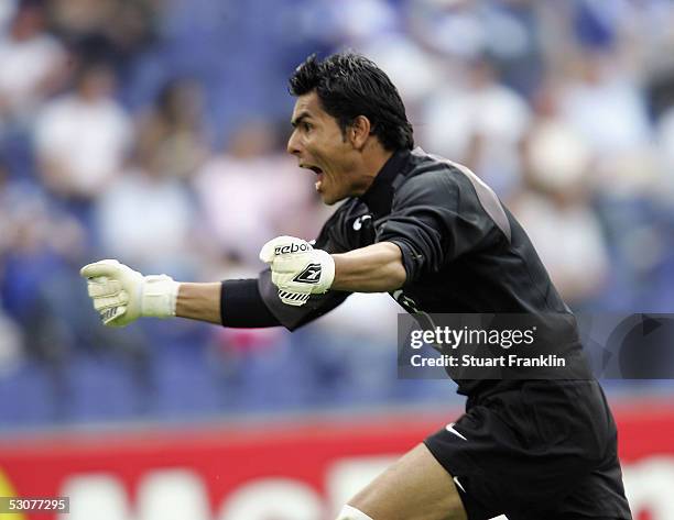 Owaldo Sanchez of Mexico celebrates his teams second goal during The FIFA Confederations Cup Match between Japan and Mexico at The AWD Arena on June...