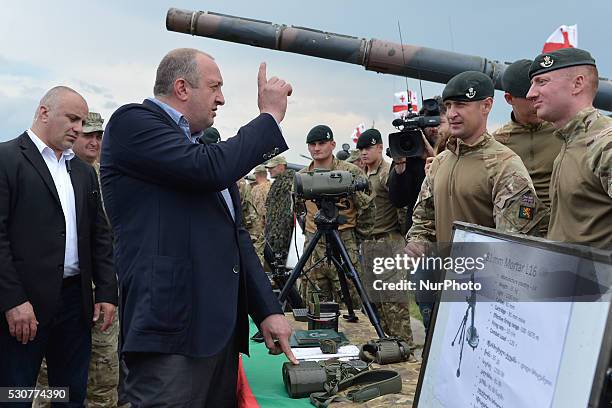 The President of Georgia, Giorgi Margvelashvili, meets British units at the end of the opening ceremony of the Exercise Noble Partner 16, a Georgian,...