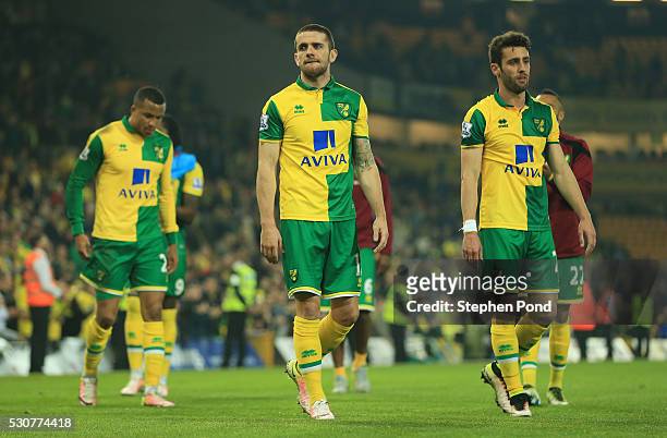 Norwich City players applaud supporters following relegation during the Barclays Premier League match between Norwich City and Watford at Carrow Road...