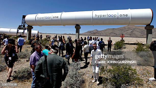 Hyperloop tube is displayed during the first test of the propulsion system at the Hyperloop One Test and Safety site on May 11, 2016 in Las Vegas,...