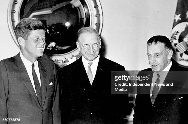 President John F Kennedy with President Eamon de Valera and Taoiseach Sean Lemass ,TD at Arasn Uachtarain, circa June 1963 .