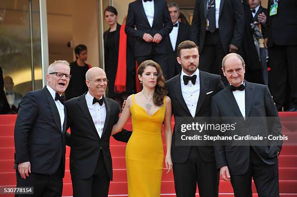 Festival Director Thierry Fremaux, Producer Jeffrey Katzenberg, Actress Anna Kendrick, Singer Justin Timberlake and Festival President Pierre Lescure...