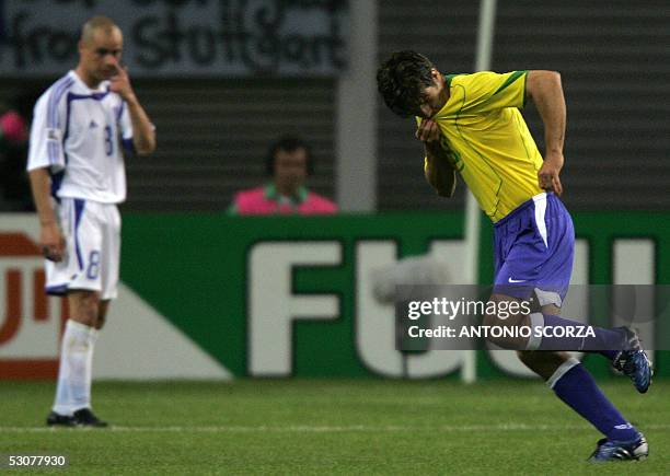 Brazilian midfielder Juninho Pernambucano reacts after scoring a goalduring the FIFA football Confederations Cup at Zentralstadion in Leipzig 16 June...