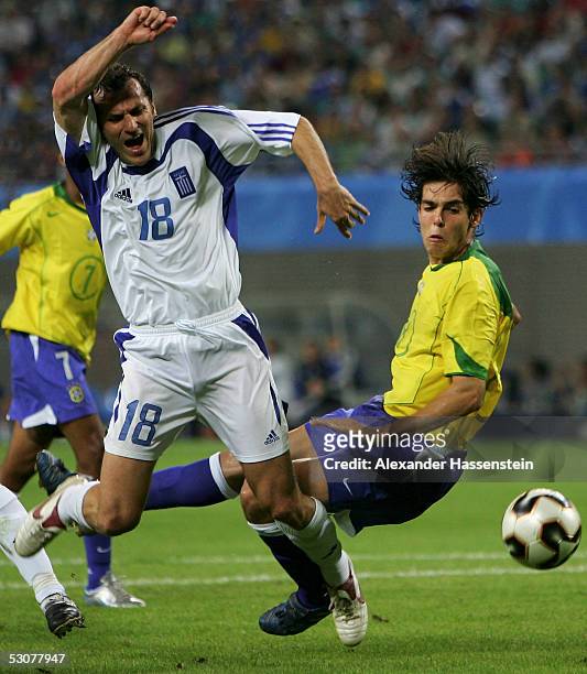 Kaka of Brazil challenge for the ball with Ioannis Goumas of Greece during the FIFA Confederations Cup 2005 Match between Brazil and Greece on June...