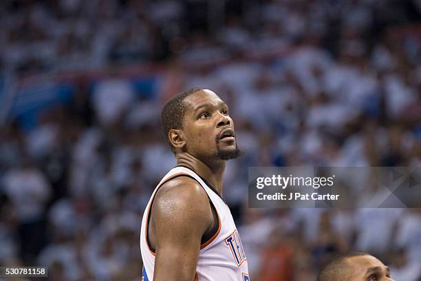Kevin Durant of the Oklahoma City Thunder waits for an official call against the San Antonio Spurs during Game Four of the Western Conference...