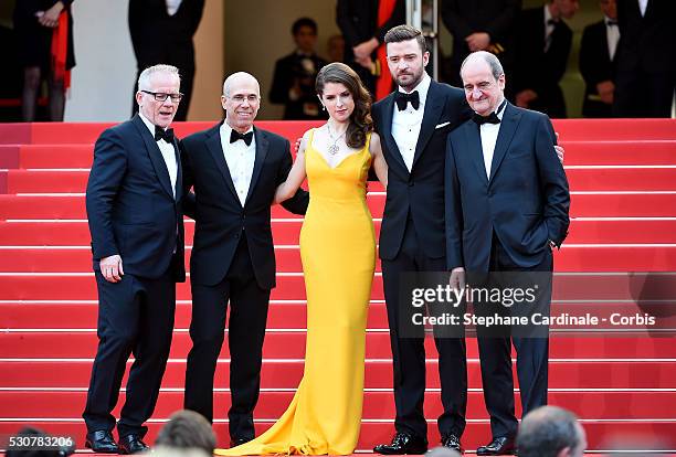Director of the festival Thierry Fremau, Producer Jeffrey Katzenberg, Actors Justin Timberlake and Anna Kendrick and President of the festival Pierre...