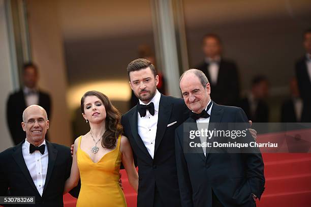 Producer Jeffrey Katzenberg, Actors Justin Timberlake and Anna Kendrick and President of the festival Pierre Lescure attend the "Cafe Society"...