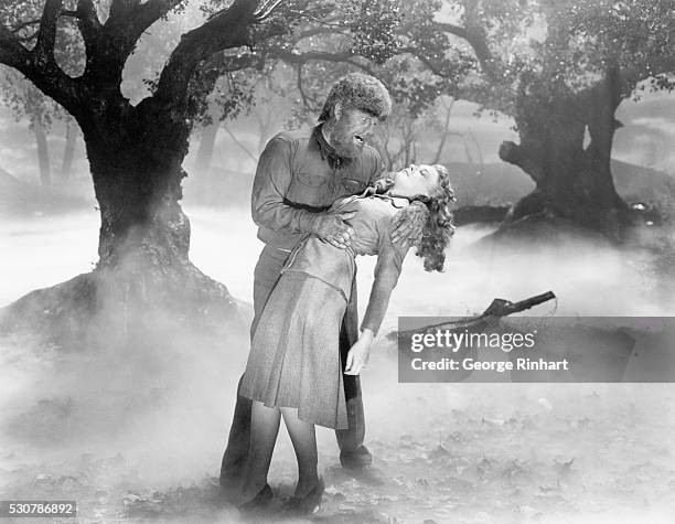 Picture shows actor Lon Chaney Jr., grabbing actress, Evelyn Ankers, in the Universal picture, "The Wolfman."