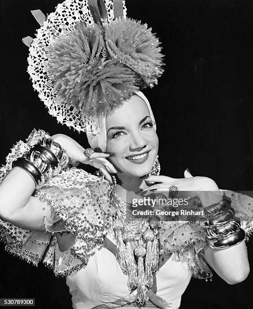 Carmen Miranda in an elaborate headdress in 'The Gang's All Here' , 1943.