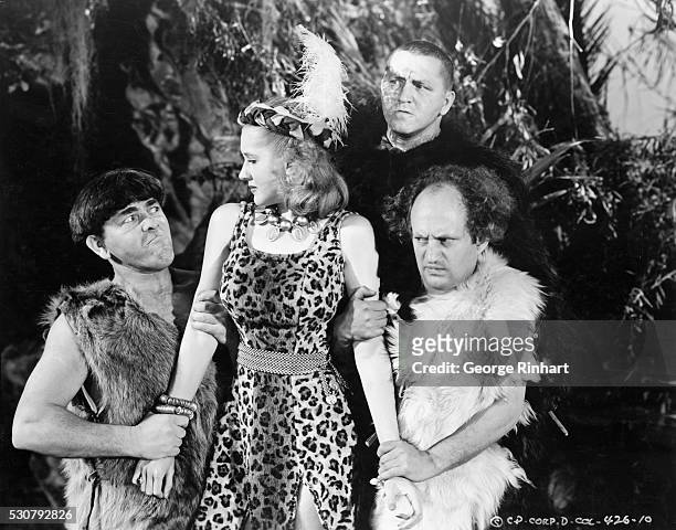 Jane Hamilton shares the screen with the Three Stooges, Moe, Curly, and Larry.