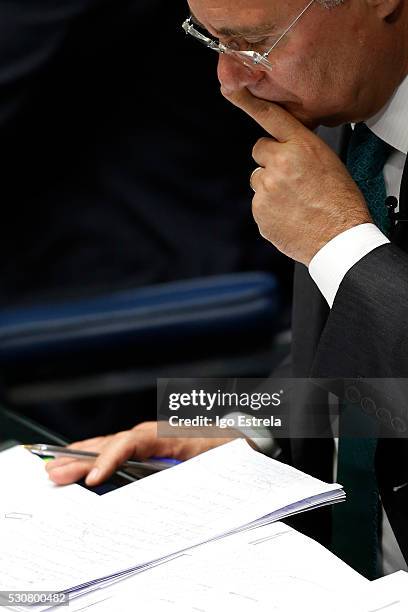 Brazilian Senate President Renan Calheiros during a special session in the Brazilian Senate to vote on whether to accept impeachment charges against...