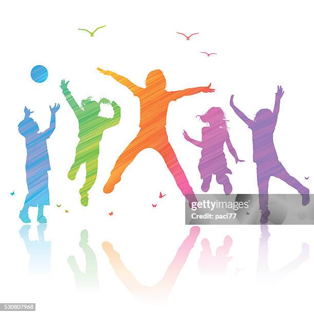 stockillustraties, clipart, cartoons en iconen met happy children jumping - activiteit bewegen