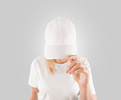 Blank white baseball cap mockup template, wear on women head