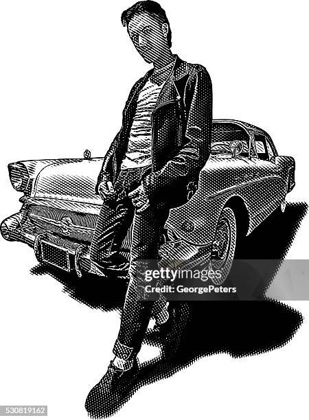 retro dude with vintage car - man driving car stock illustrations