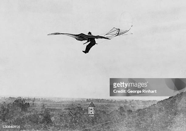 Otto Lilienthal making a long glide from his artificial hill Ar Stollen near Berlin in 1896; a remarkable photograph of the great pioneer in flight.