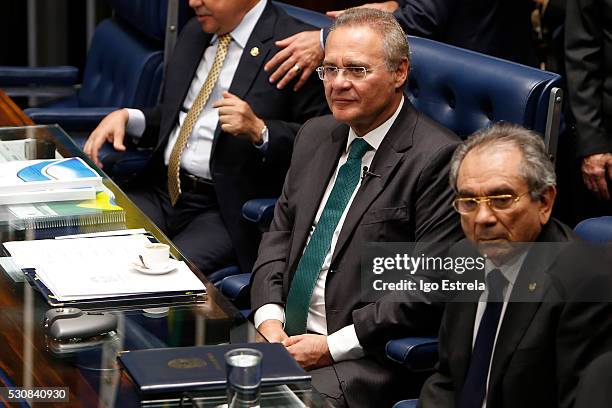 Brazilian Senate President Renan Calheiros and Senator Raimundo Lira, President of the impeachment committee, sit during a special session in the...