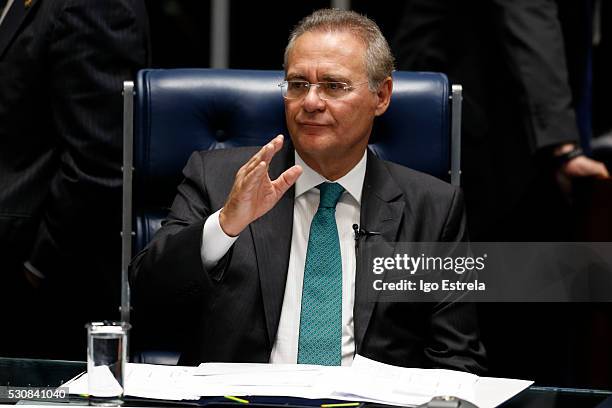 Brazilian Senate President Renan Calheiros atttends a special session in the Brazilian Senate to vote on whether to accept impeachment charges...