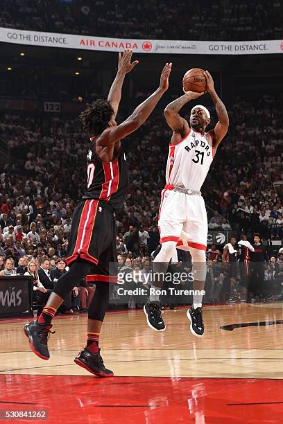 Terrence Ross of the Toronto Raptors shoots against the Miami Heat during Game Five of the Eastern Conference Semifinals during the 2016 NBA Playoffs...