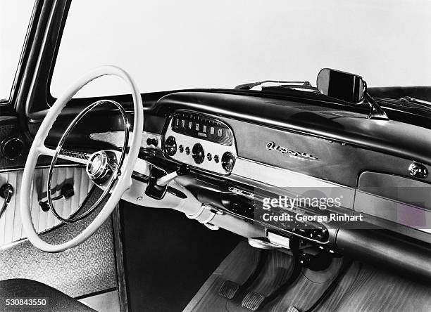 Steering wheel and dashboard of a 1958 Opel Olympia.