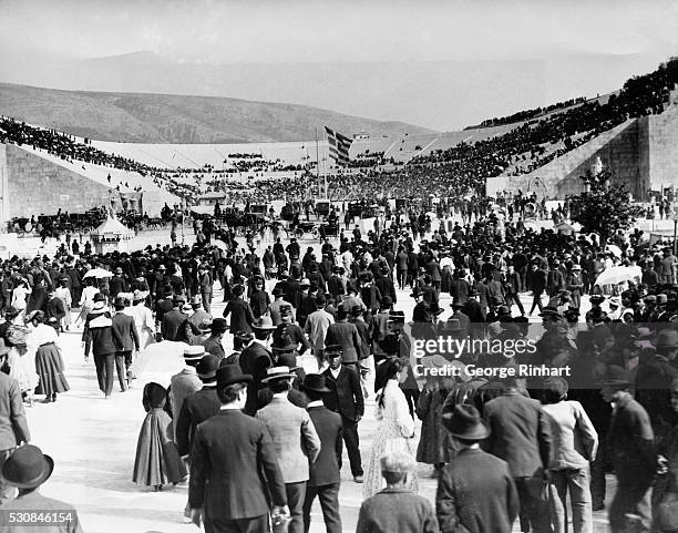 Crowds arriving at the 1896 Olympic games stadium in Athens, Greece. This was the same stadium used for the ancient olympiads but completely restored.