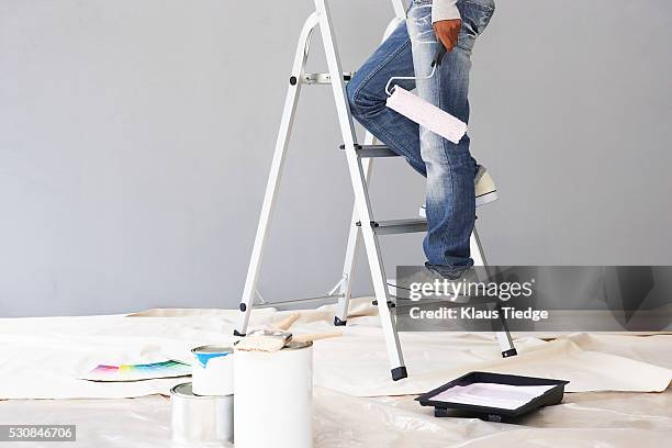 person standing on ladder holding paint roller - paint tray fotografías e imágenes de stock