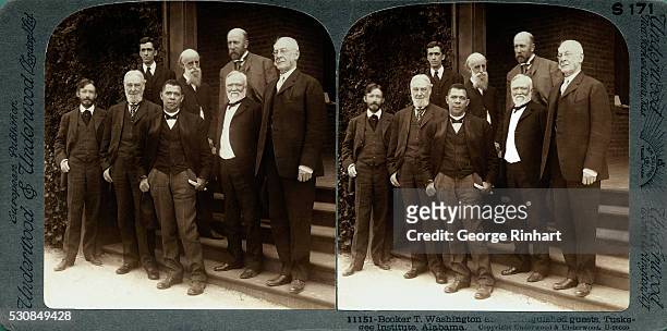 Photo shows Booker T. Washington with distinguished guests at the Tuskegee Institute in Alabama. Front, left to right: Charles W. Eliot, President of...