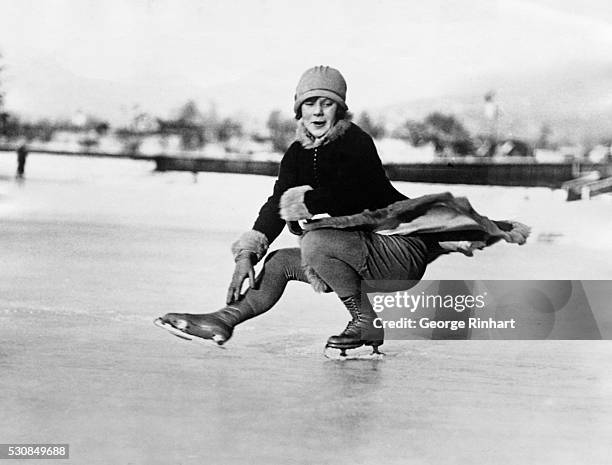 Photo shows Miss Sonja Henie, 16 years old, of Norway, who surprised the skating world by defeating Miss Beatrix Loughran of the United States in the...