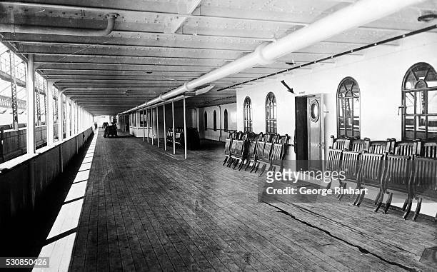 Promenade deck of the White Star liner ship the RMS Olympic, sister ship of the ill-fated Titanic.