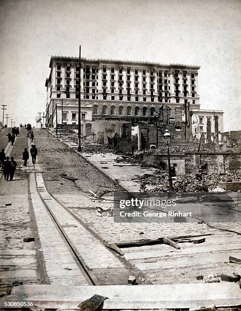 Photo shows rubble from the 1906 San Francisco Earthquake- Fairmont Hotel, one of the lesser known casualties atop Nob Hill .