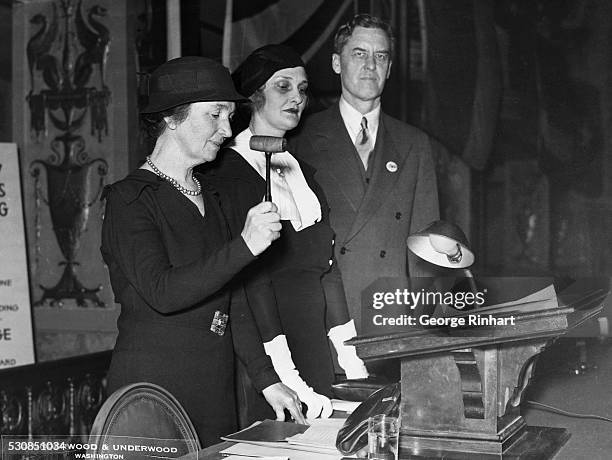 Mrs. Margaret Sanger, left, President of the National Committee on Federal Legislation for Birth Control, photographed today as she opened the...