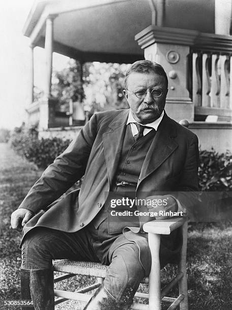 Theodore Roosevelt , 26th President of the United States, is shown seated at Sagamore Hill, 1907.