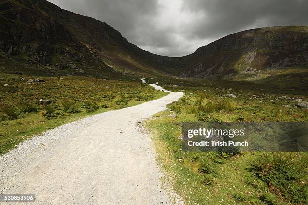 lone person walking on a path leading up to mahon falls in the comeragh mountains in munster region, county waterford, ireland - waterford stock pictures, royalty-free photos & images