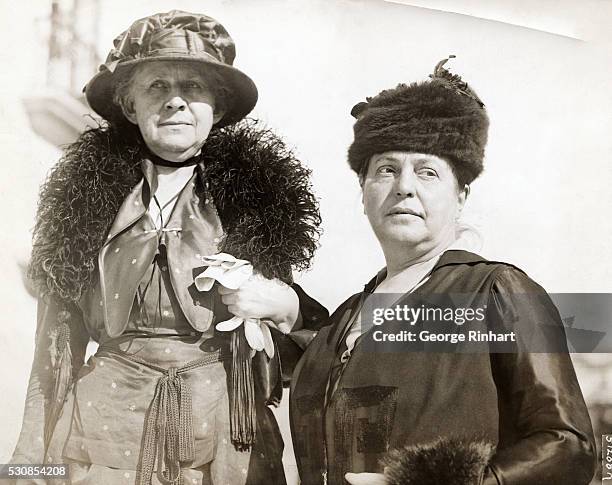 Ida M. Tarbell and Miss Lillian Wald, woman delegates to the great industrial conference being held at Washington, D.C. Are shown in front of the Pan...