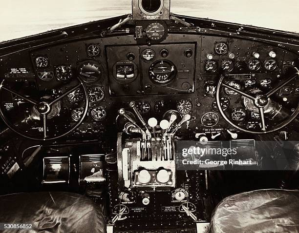 Cockpit and instrument panel of a Douglas DC-3 airplane.