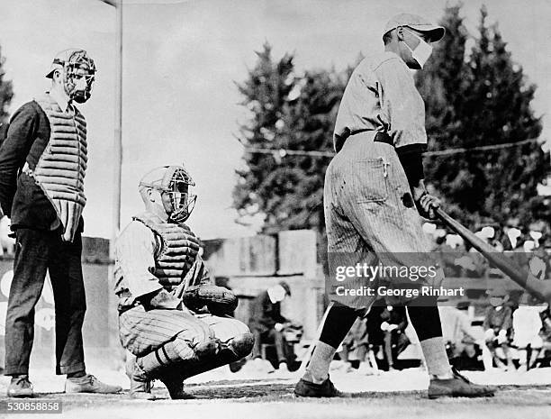 Picture shows a baseball player wearing a mask during the Flu epidemic of 1918.