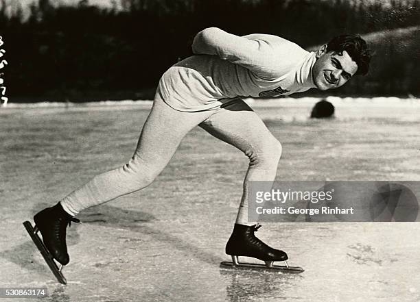 American speedskater Charles Jewtraw, in action, circa 1920. Jewtraw became the first athlete to win a gold medal at the Winter Olympics when he sped...