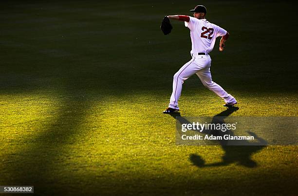 Rick Porcello of the Boston Red Sox warms up in center field before the game against the Oakland Athletics at Fenway Park on May 11, 2016 in Boston,...