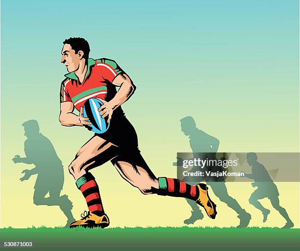 ilustraciones, imágenes clip art, dibujos animados e iconos de stock de jugador de rugby corriendo la retención de bola - rugby silhouette