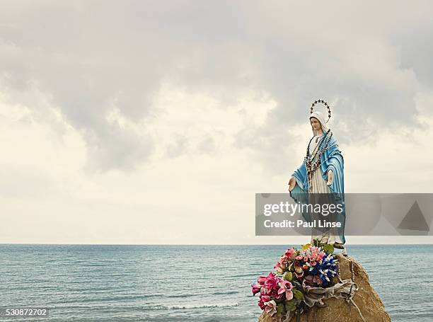 virgin mary statue on rock by ocean - virgin ストックフォトと画像